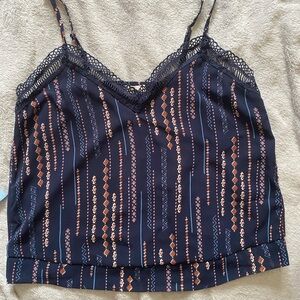 Blush Navy Patterned Lace-Trim Cami with Rust Accents very good condition.